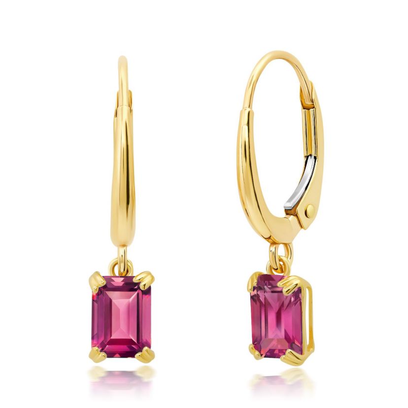 10k White or Yellow Gold Emerald Cut 6x4mm Gemstone Dangle Lever Back Earrings