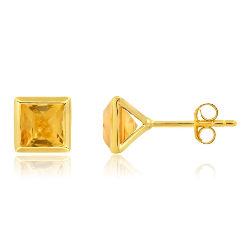 14K Yellow Gold Plated or Sterling Silver Princess Cut 6mm Gemstone Square Stud Earrings
