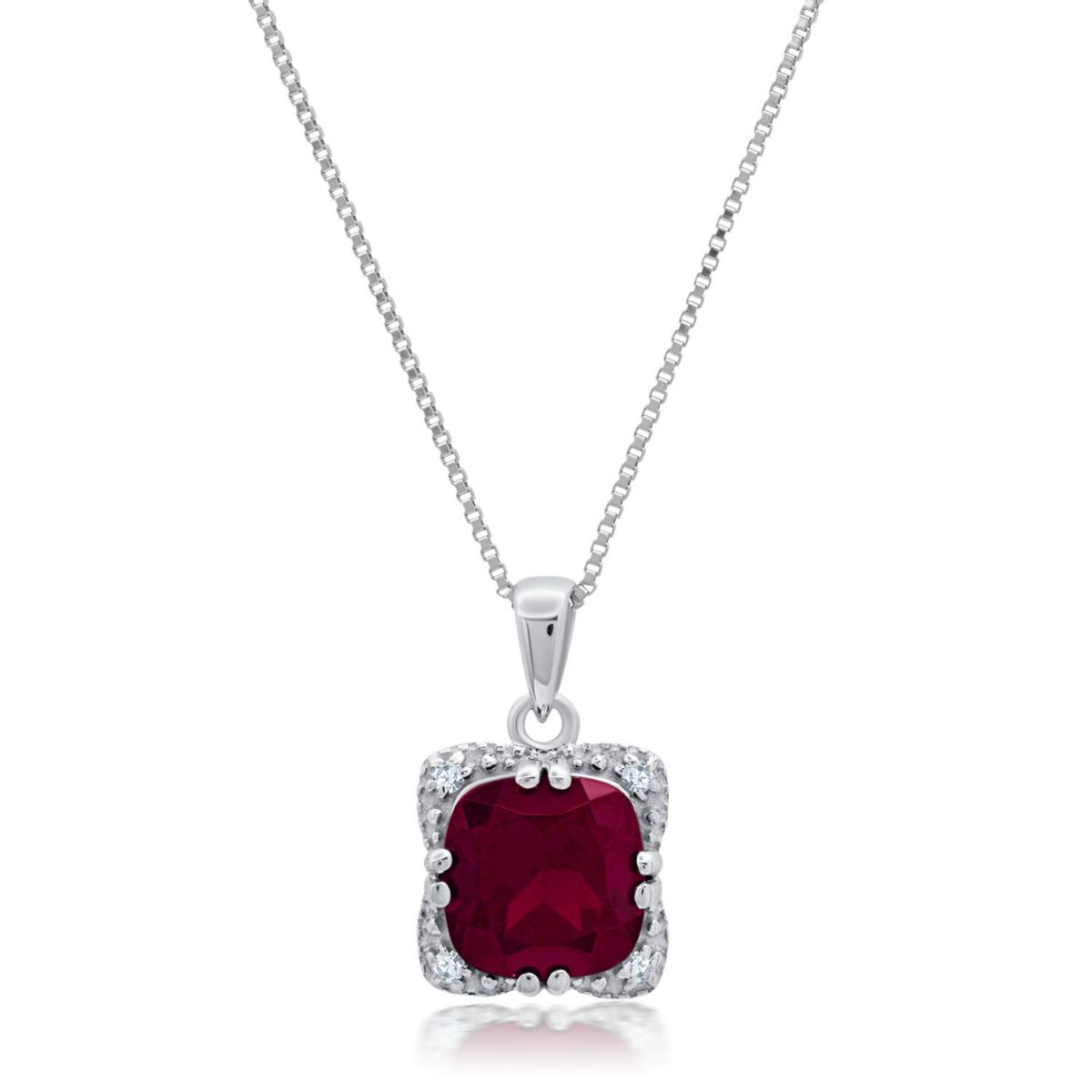 Sterling Silver Cushion Cut Gemstone Square Pendant Necklace and Created White Sapphire Accents on 18 Inch Chain