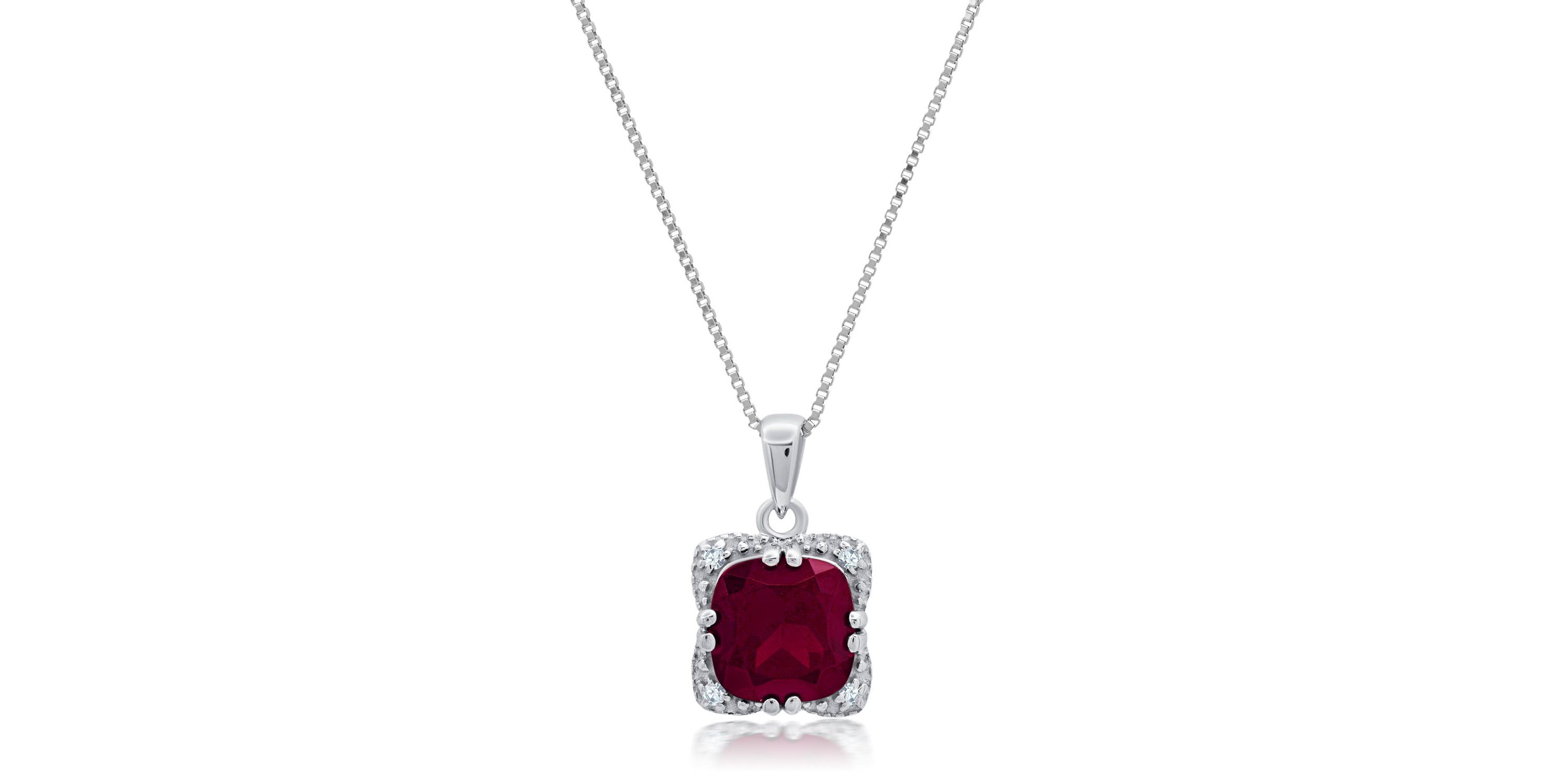 Sterling Silver Cushion Cut Gemstone Square Pendant Necklace and Created White Sapphire Accents on 18 Inch Chain
