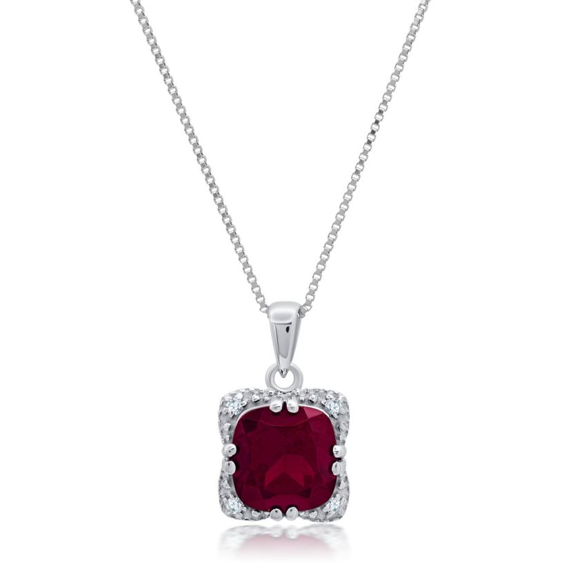 Sterling Silver Cushion Cut Gemstone Square Pendant Necklace and Created White Sapphire Accents on 18 Inch Chain