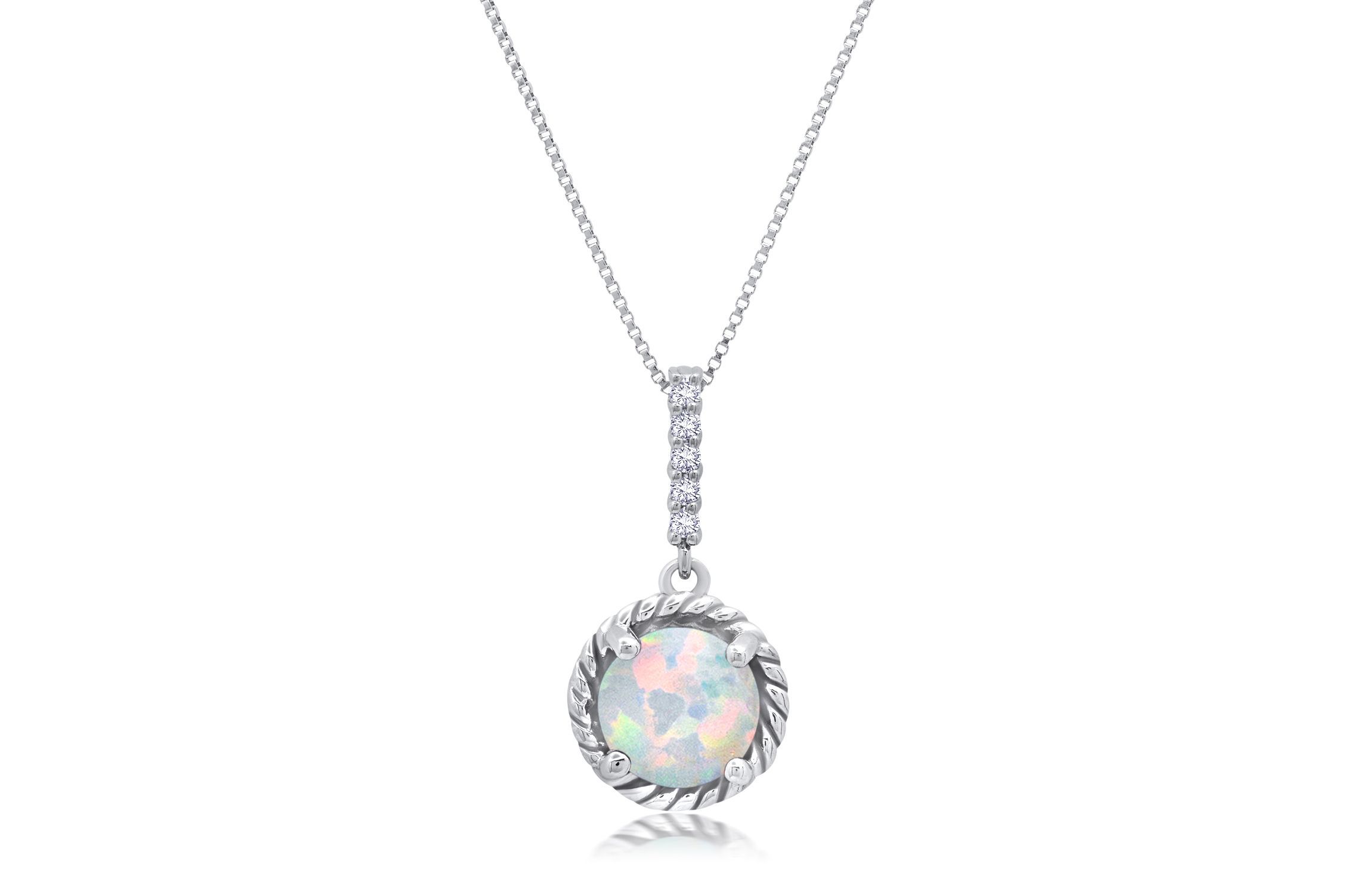 Sterling Silver Round Cut Gemstone Roped Halo Pendant Necklace and Created White Sapphire Accents on 18 Inch Chain