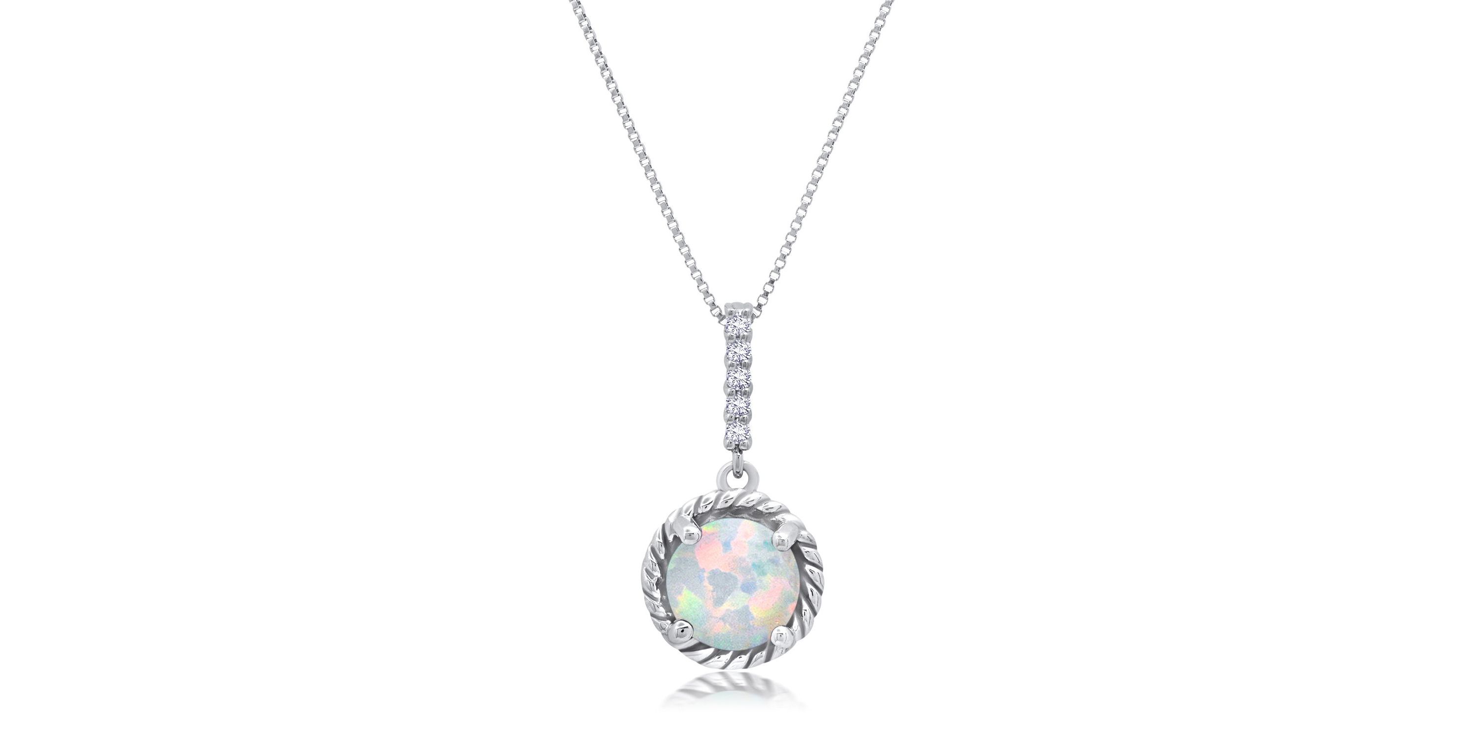 Sterling Silver Round Cut Gemstone Roped Halo Pendant Necklace and Created White Sapphire Accents on 18 Inch Chain