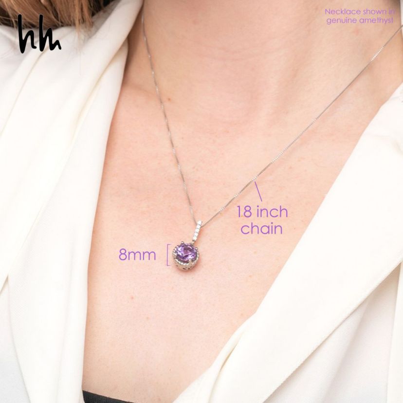 Sterling Silver Round Cut Gemstone Roped Halo Pendant Necklace and Created White Sapphire Accents on 18 Inch Chain