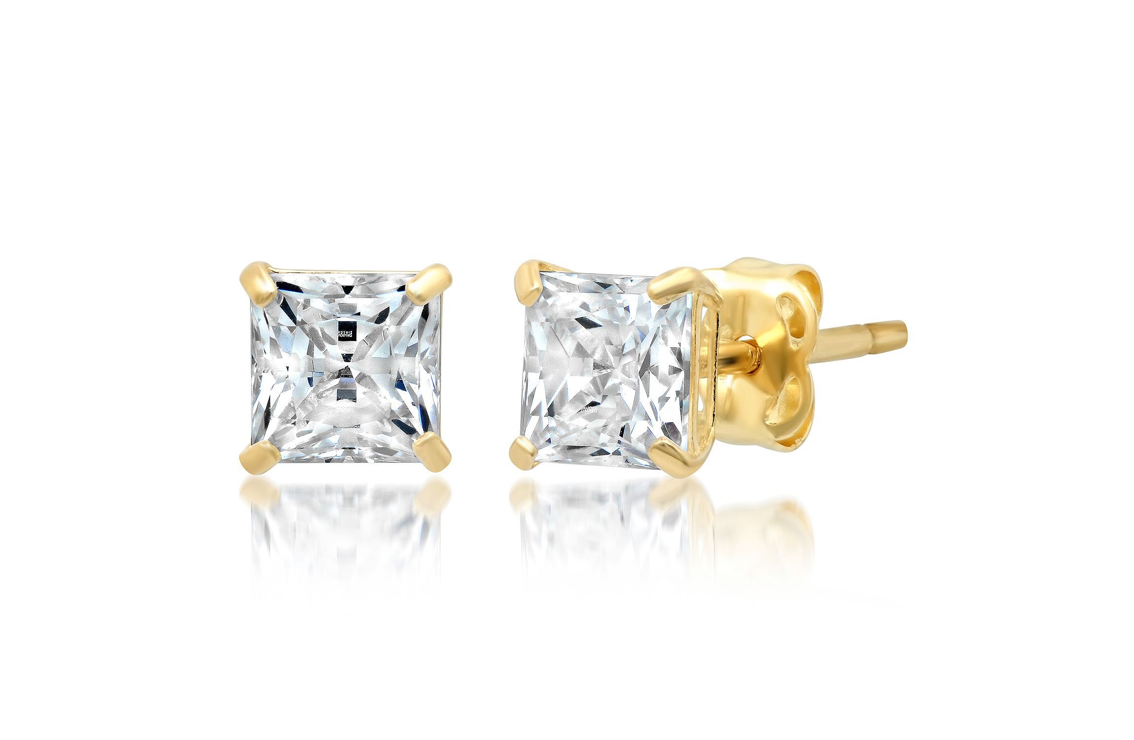 14k Yellow Gold Princess Stud Earrings with Genuine Swarovski Zirconia (4.5MM)