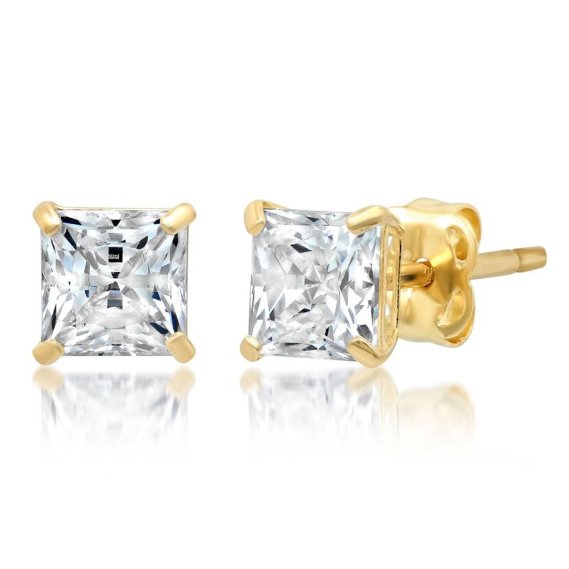 14k Yellow Gold Princess Stud Earrings with Genuine Swarovski Zirconia (4.5MM)