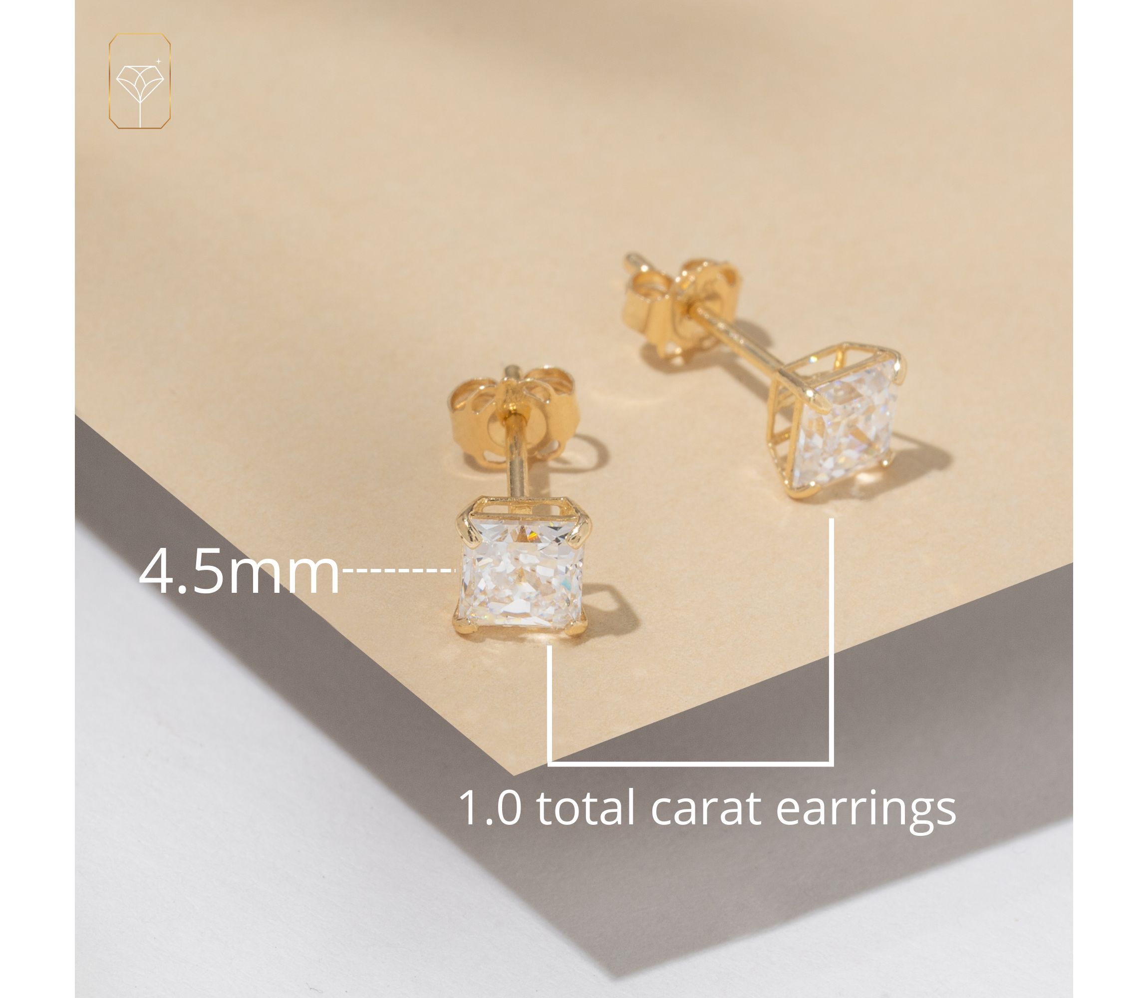 14k Yellow Gold Princess Stud Earrings with Genuine Swarovski Zirconia (4.5MM)