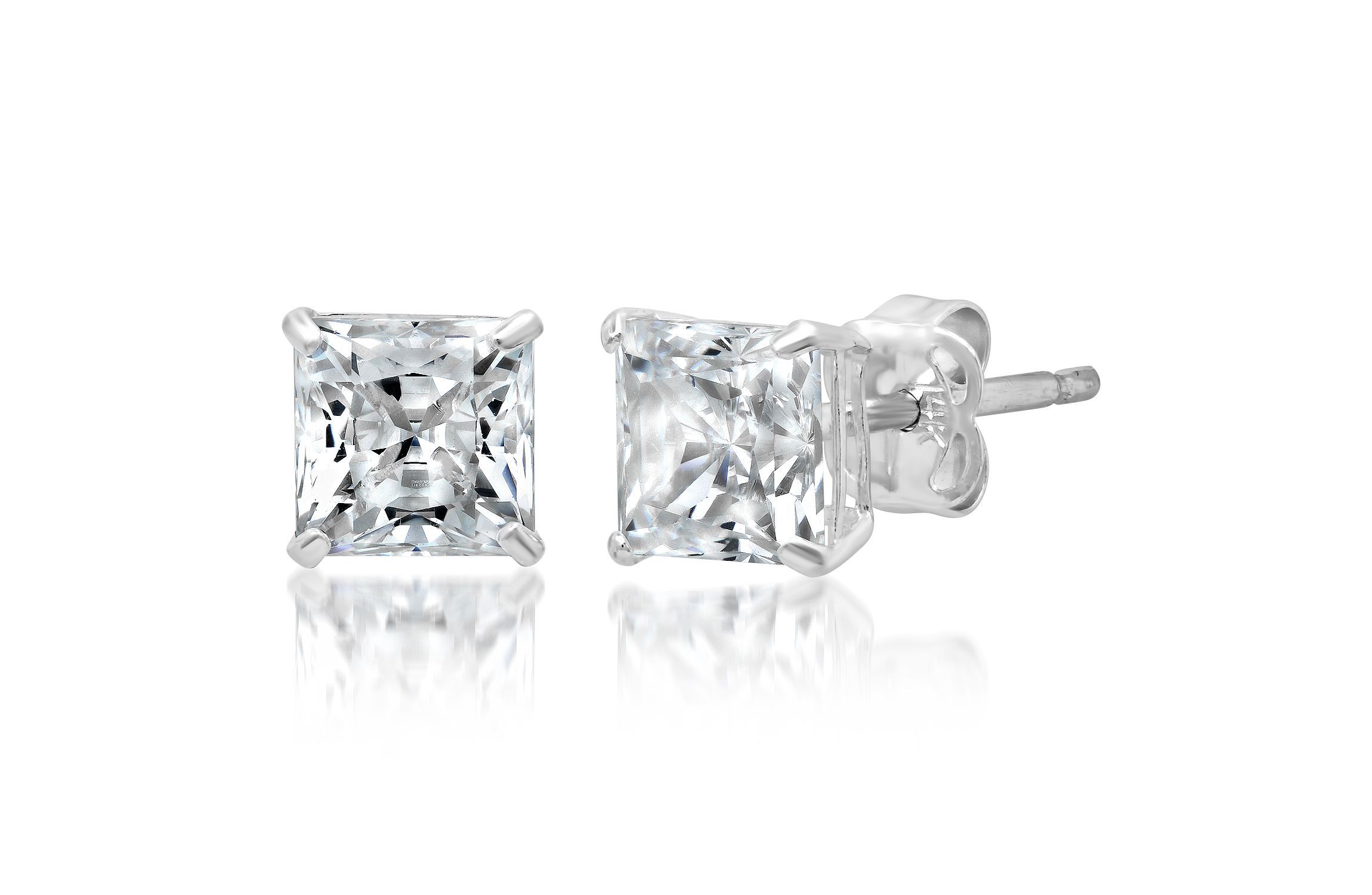 14k White Gold Princess Stud Earrings with Genuine Swarovski Zirconia (6.5MM)