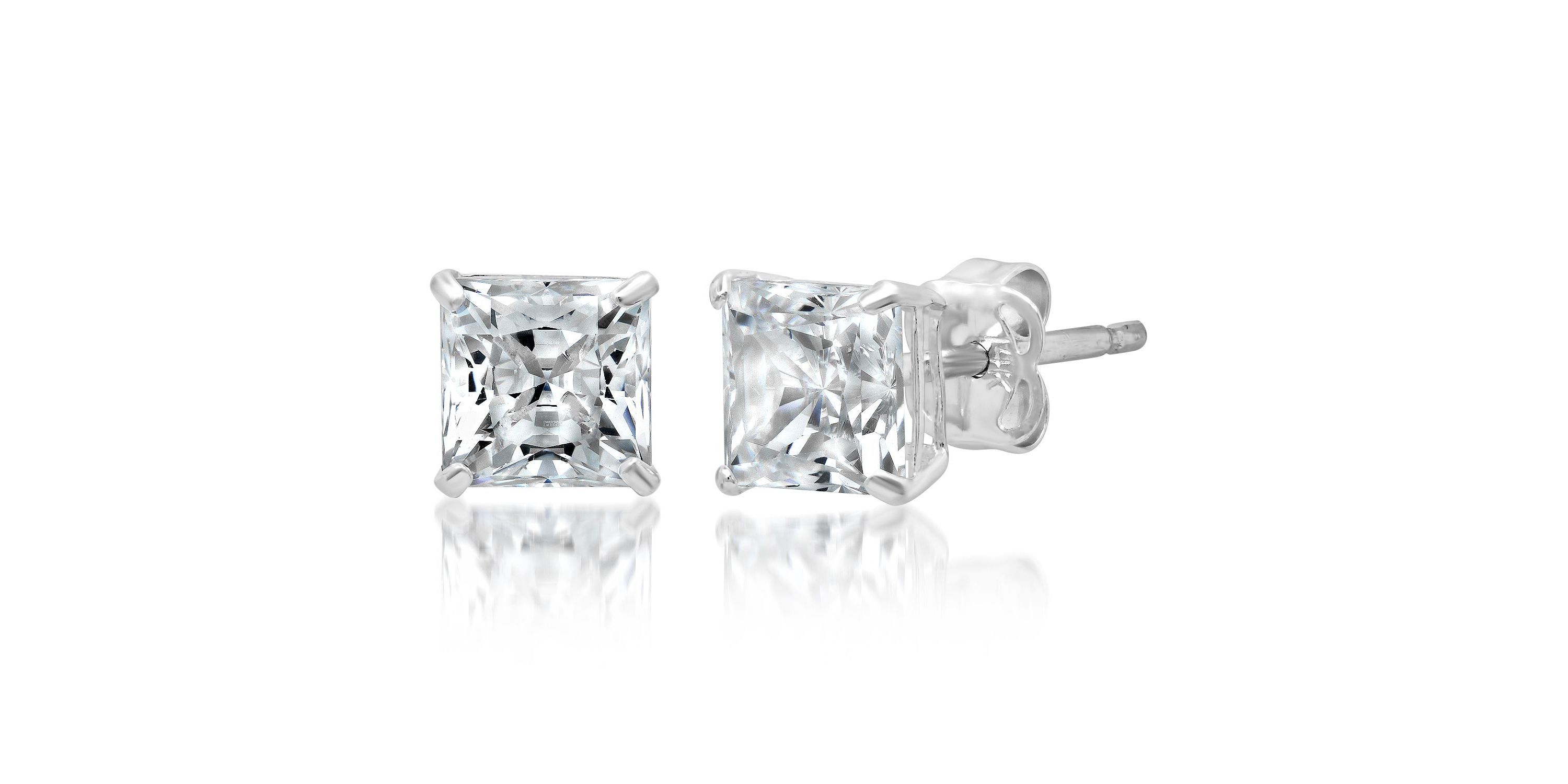 14k White Gold Princess Stud Earrings with Genuine Swarovski Zirconia (6.5MM)