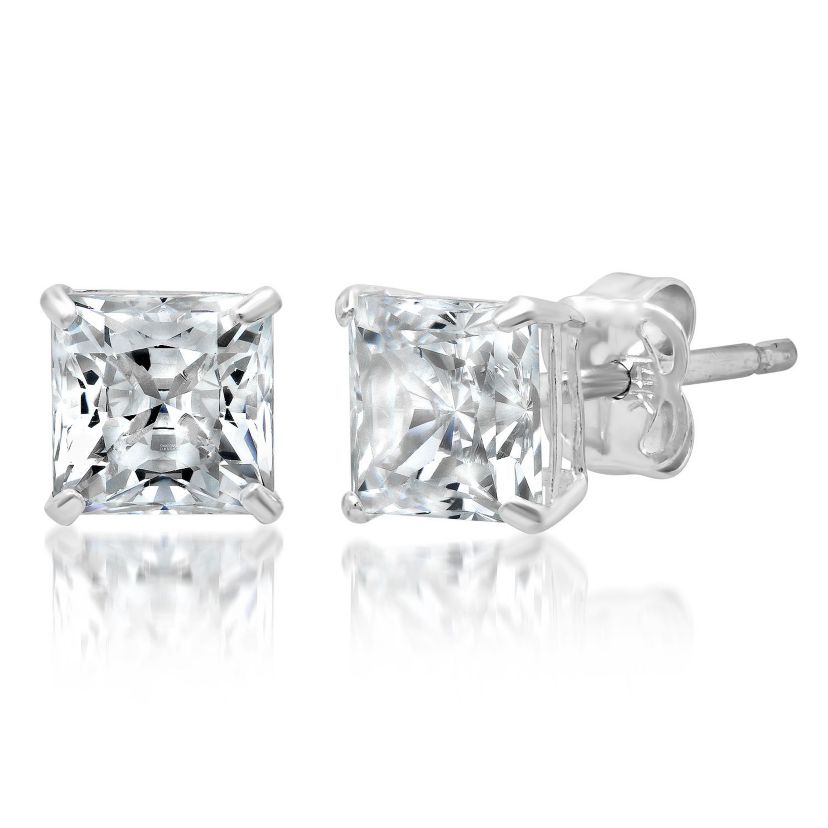 14k White Gold Princess Stud Earrings with Genuine Swarovski Zirconia (6.5MM)