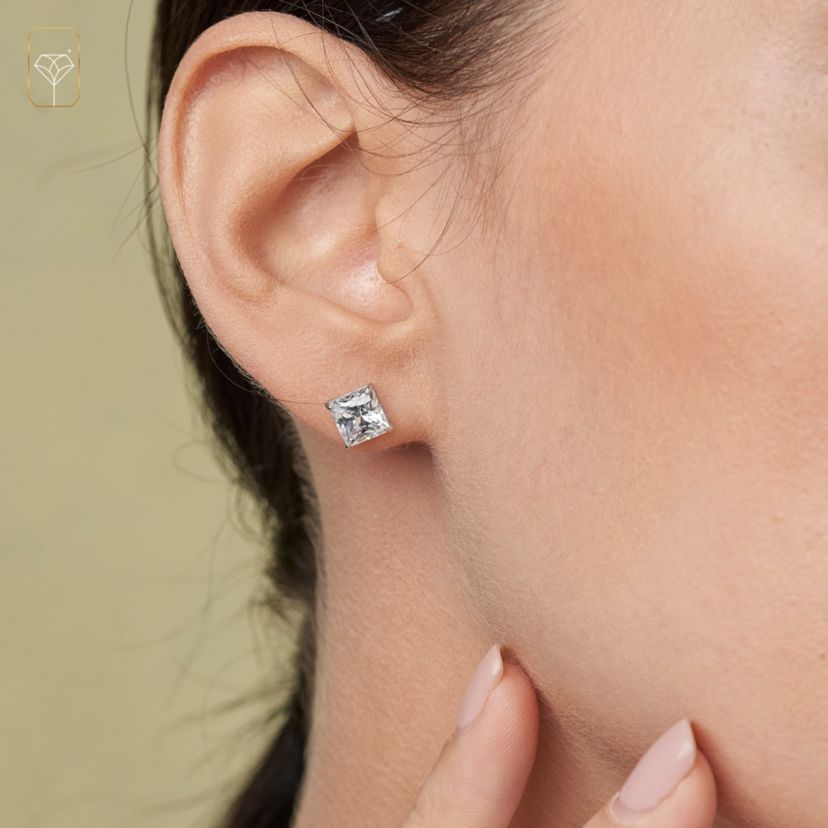 14k White Gold Princess Stud Earrings with Genuine Swarovski Zirconia (6.5MM)