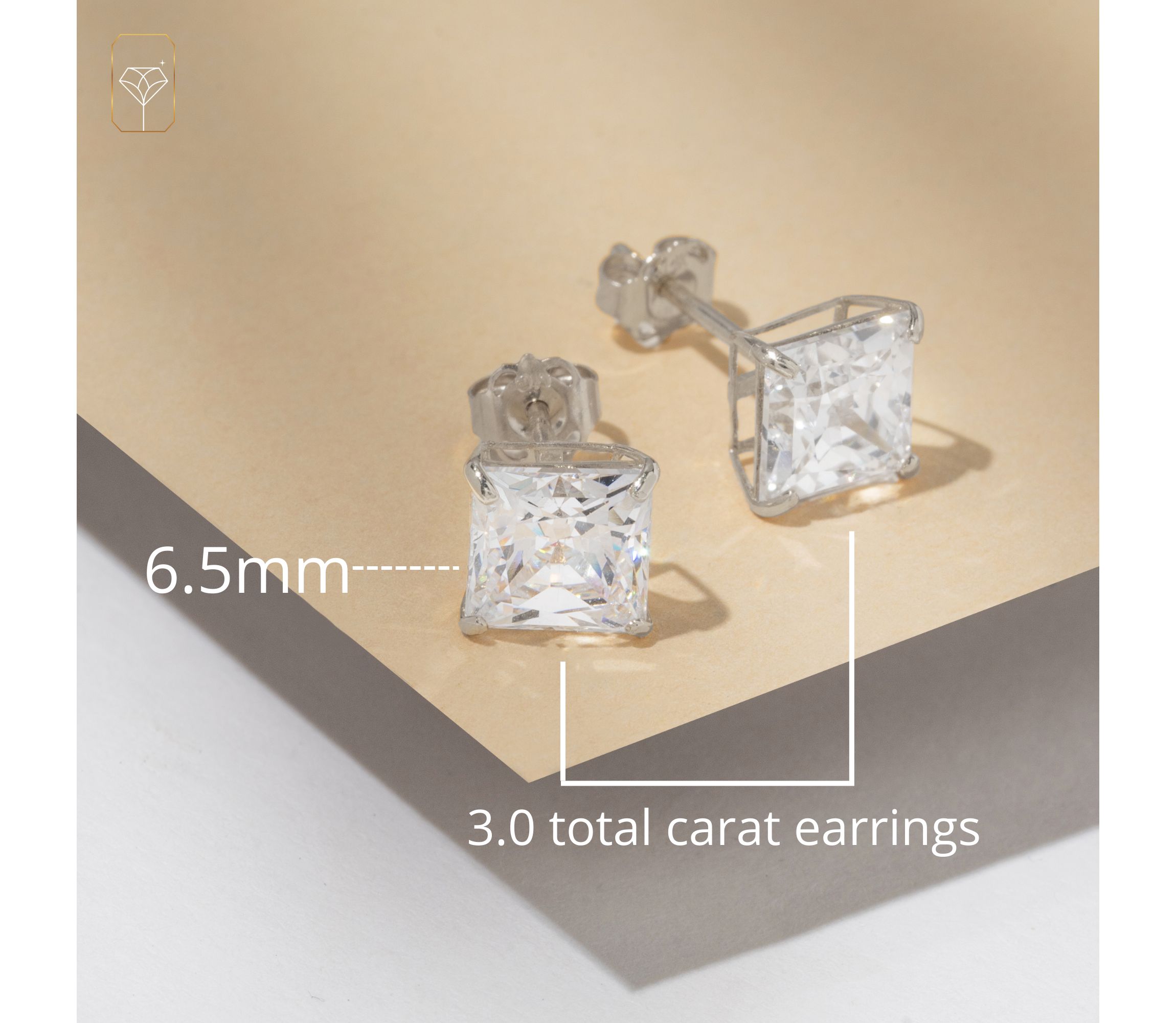 14k White Gold Princess Stud Earrings with Genuine Swarovski Zirconia (6.5MM)