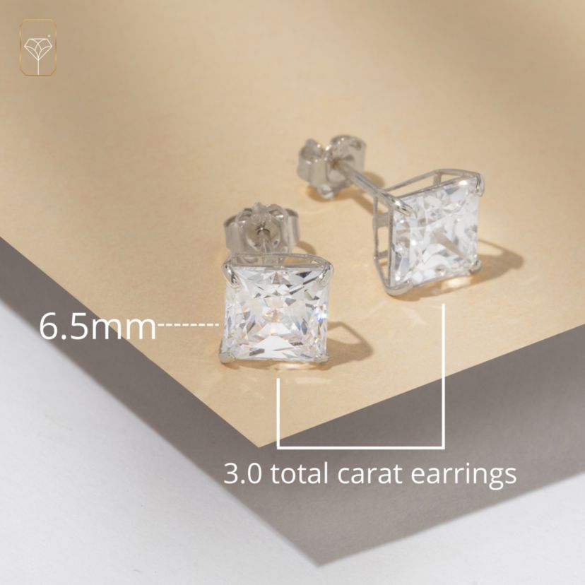14k White Gold Princess Stud Earrings with Genuine Swarovski Zirconia (6.5MM)