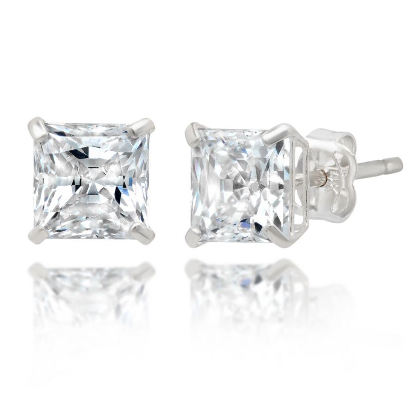 14k White Gold Princess Stud Earrings with Genuine Swarovski Zirconia (5.5MM)
