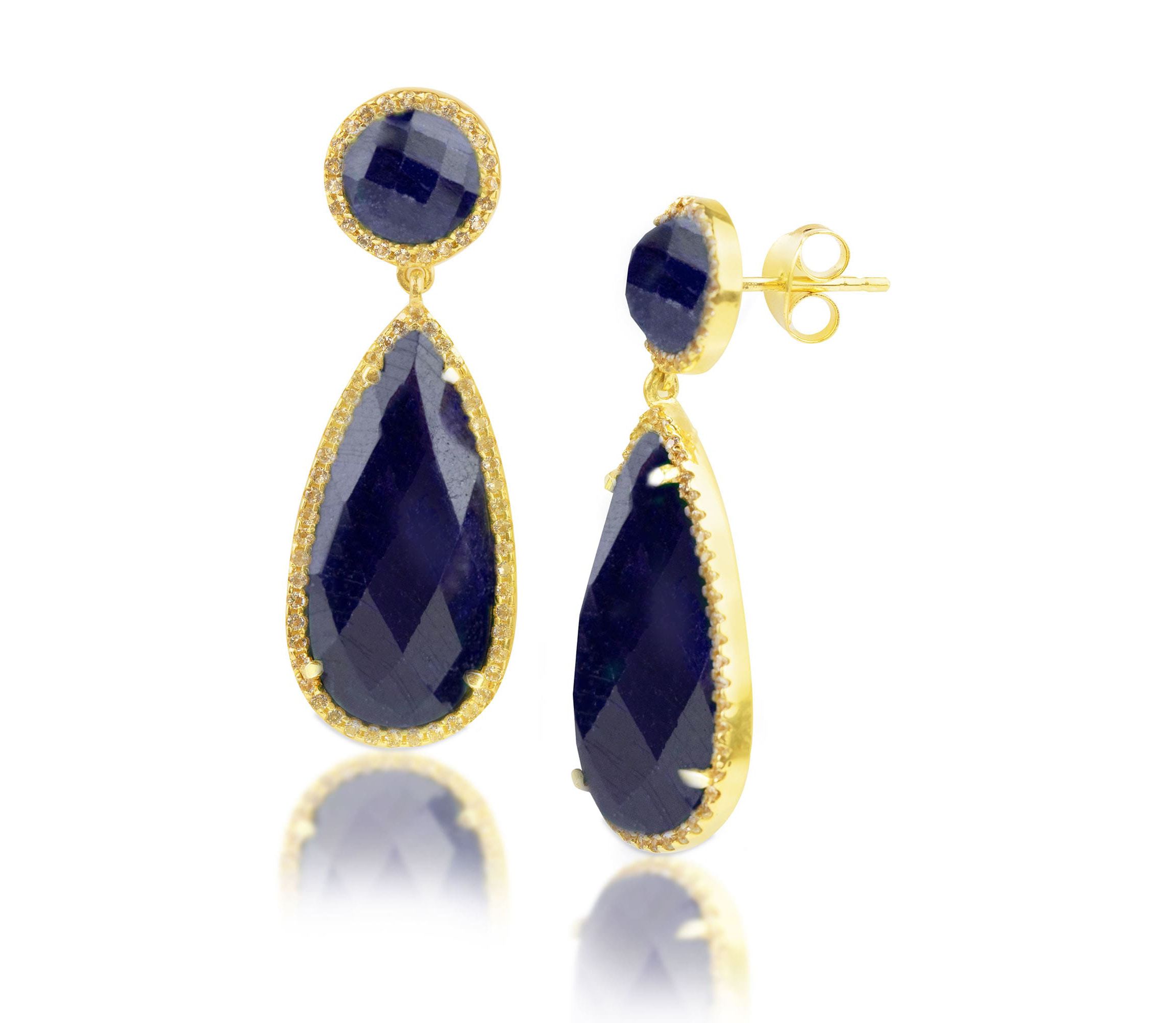 18K Gold Plated Genuine Gemstone Sapphire 2 Stone Dangle Drop Earrings