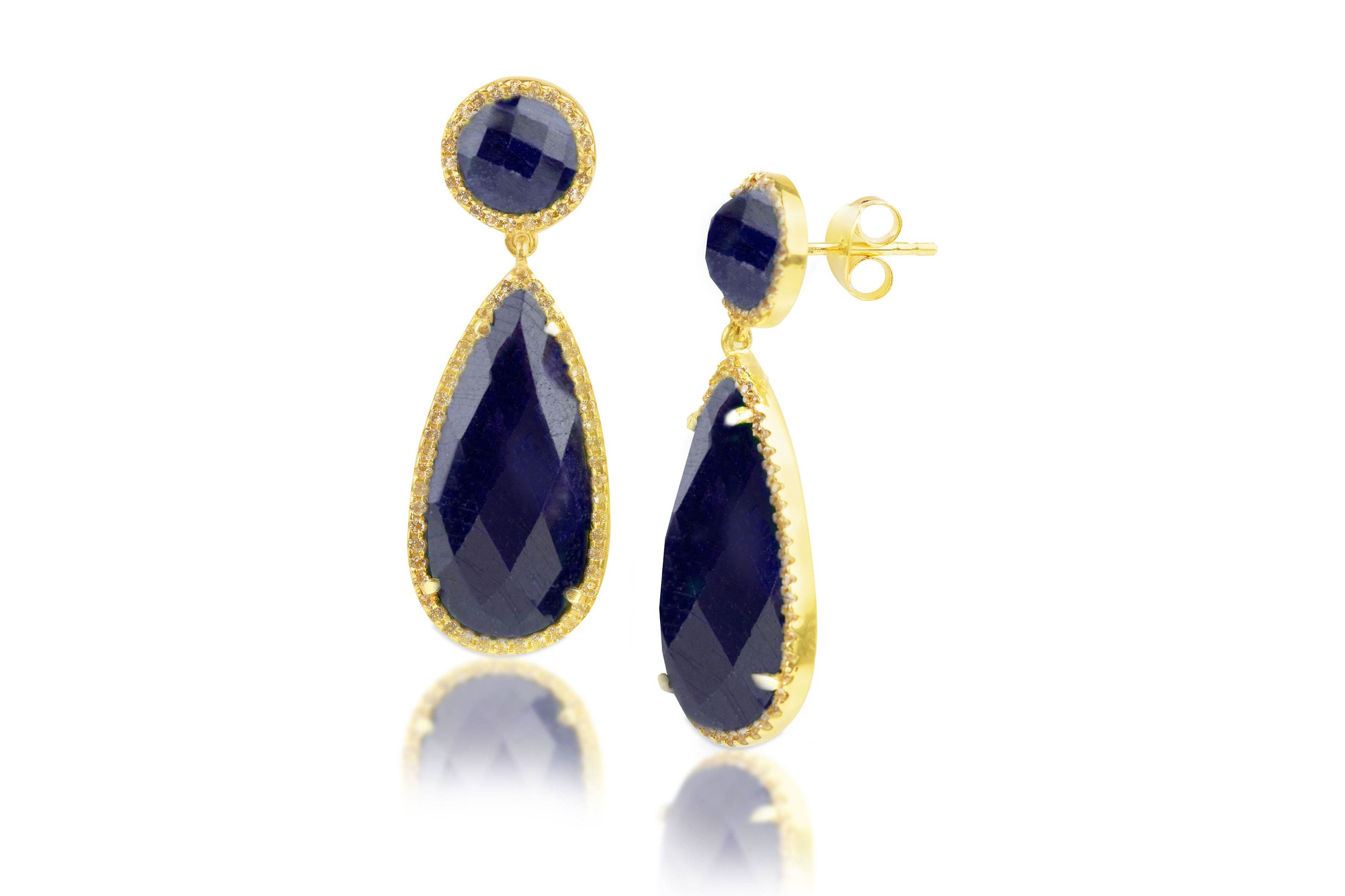 18K Gold Plated Genuine Gemstone Sapphire 2 Stone Dangle Drop Earrings
