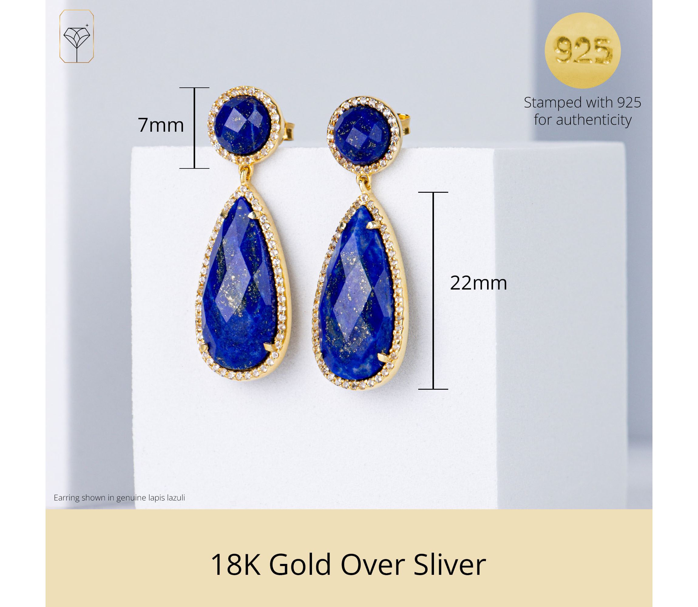 18K Gold Plated Genuine Gemstone Sapphire 2 Stone Dangle Drop Earrings