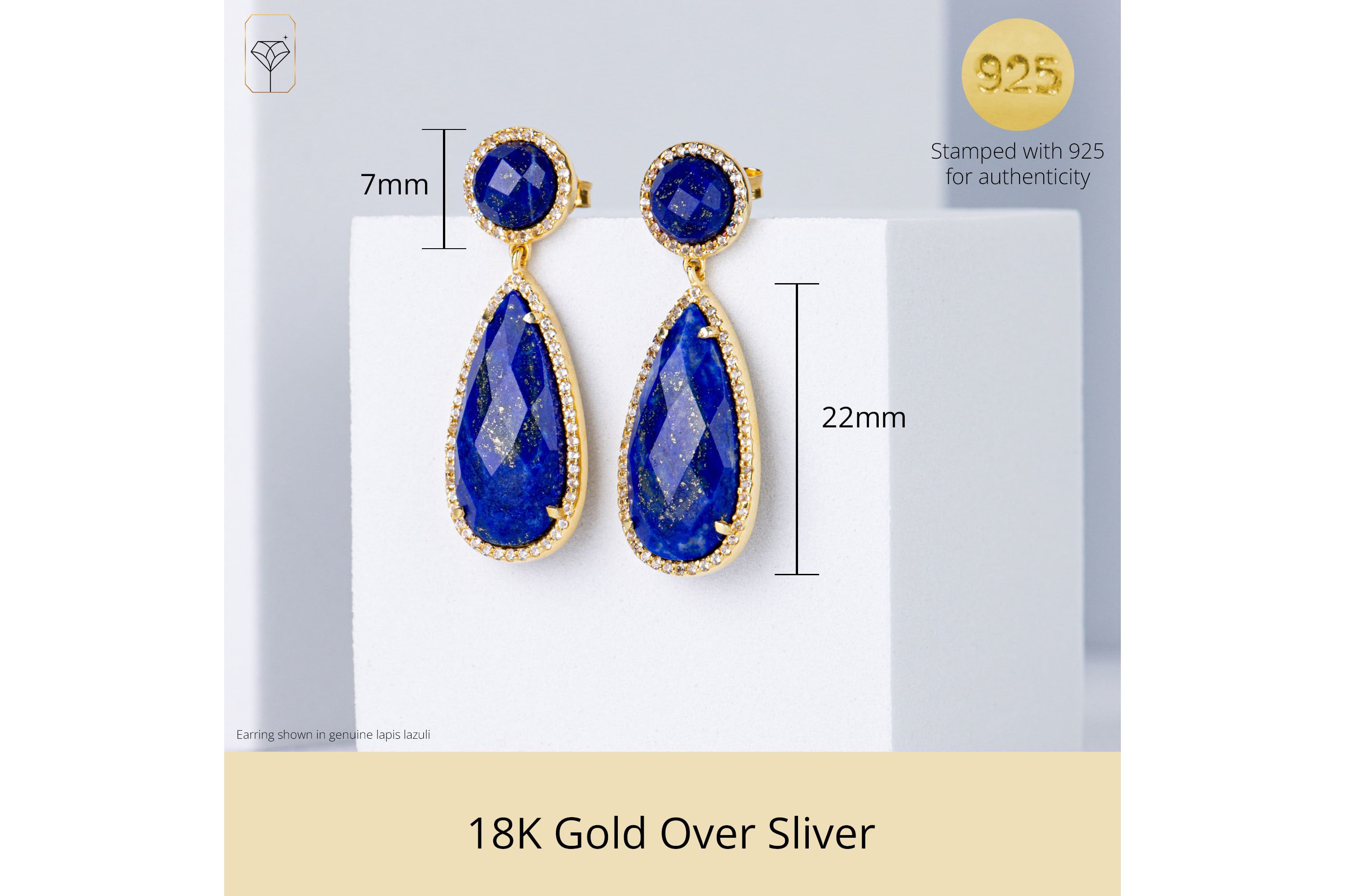 18K Gold Plated Genuine Gemstone Sapphire 2 Stone Dangle Drop Earrings