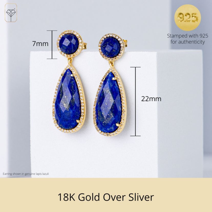 18K Gold Plated Genuine Gemstone Sapphire 2 Stone Dangle Drop Earrings