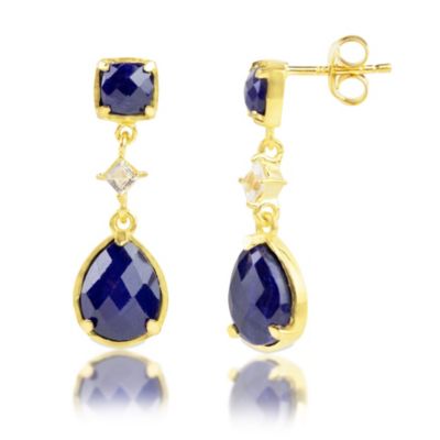 Belk & Co 18K Gold Plated Genuine Gemstone 3 Stone Dangle Drop Earrings, Blue