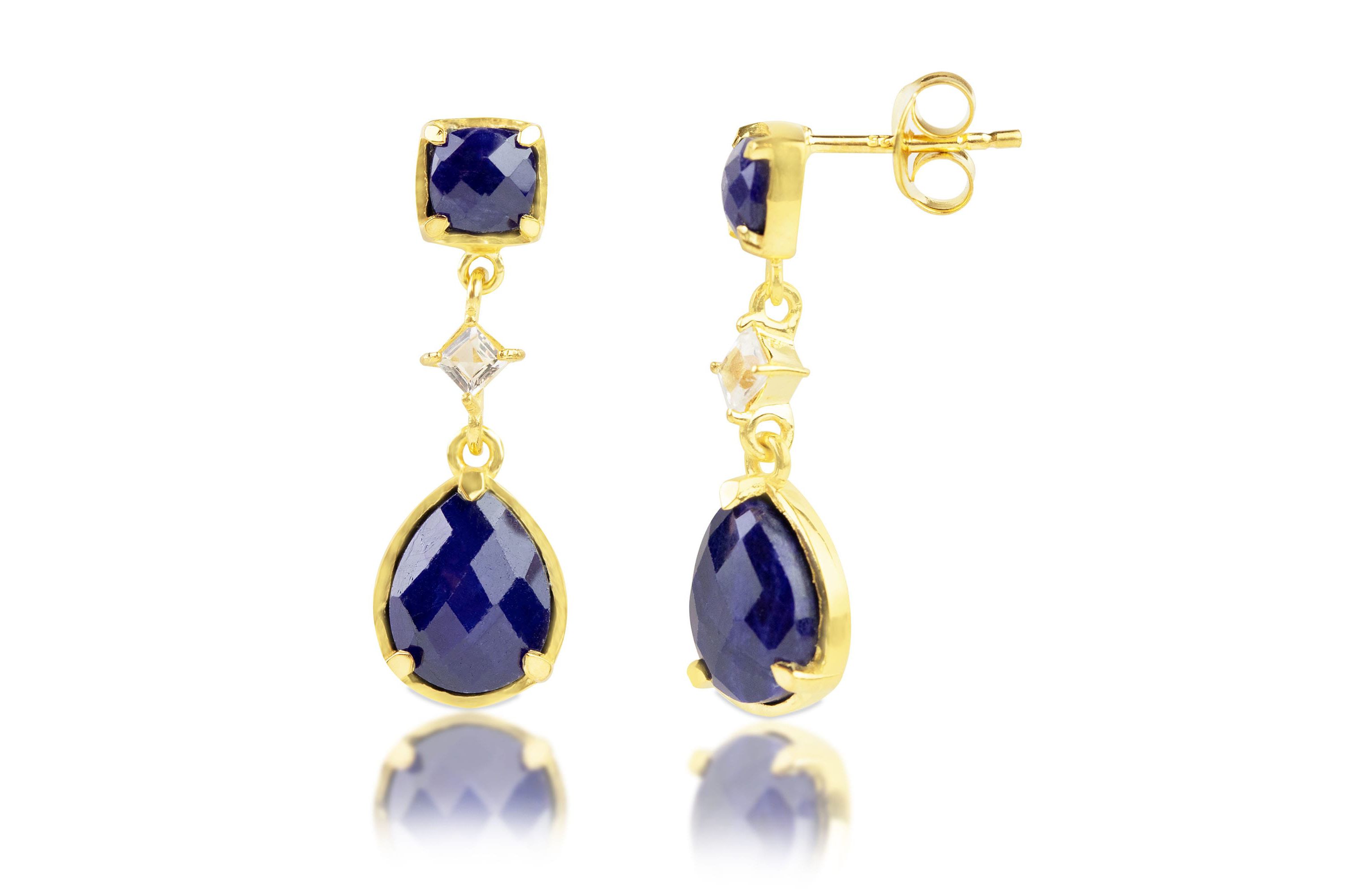 18K Gold Plated Genuine Gemstone 3 Stone Dangle Drop Earrings