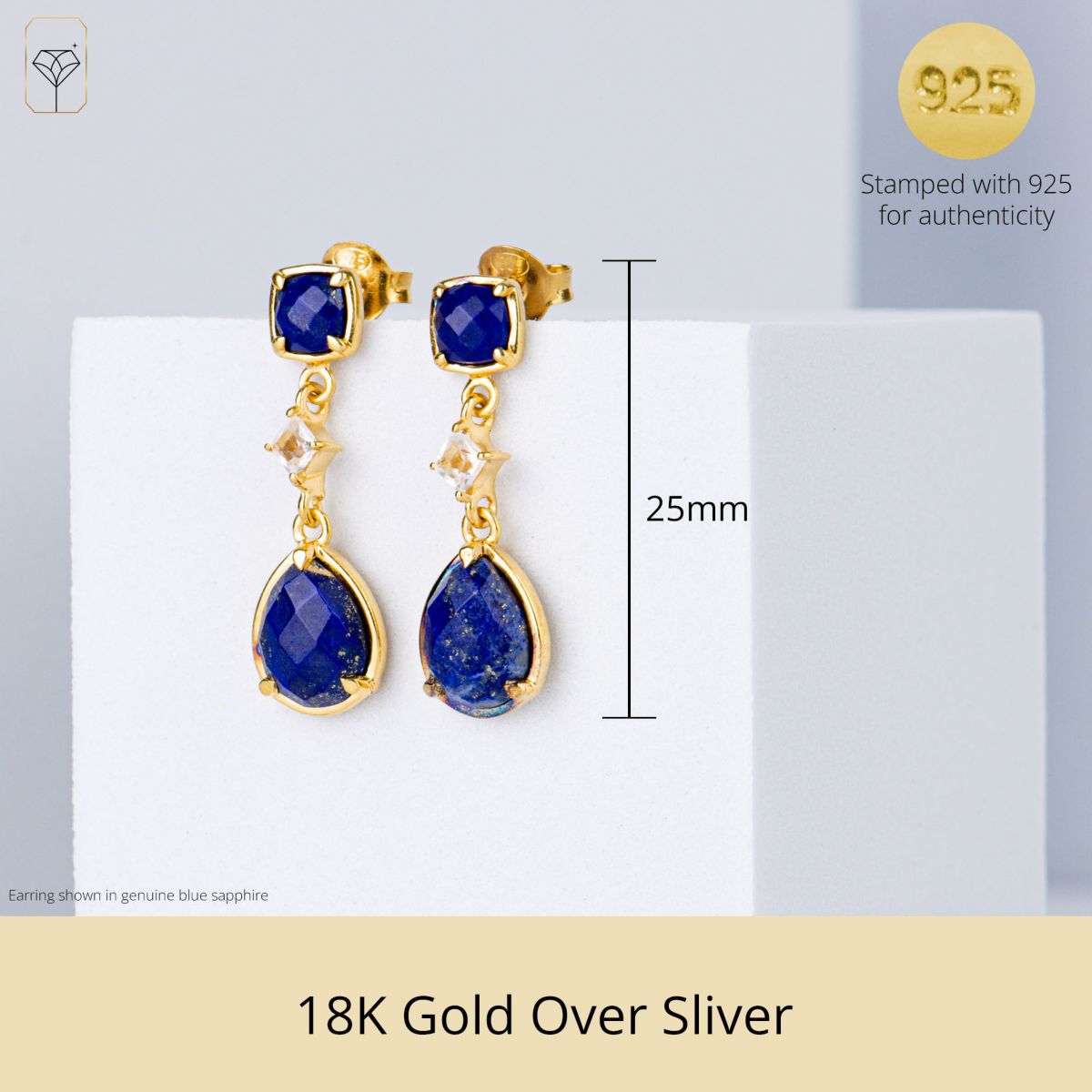 18K Gold Plated Genuine Gemstone 3 Stone Dangle Drop Earrings