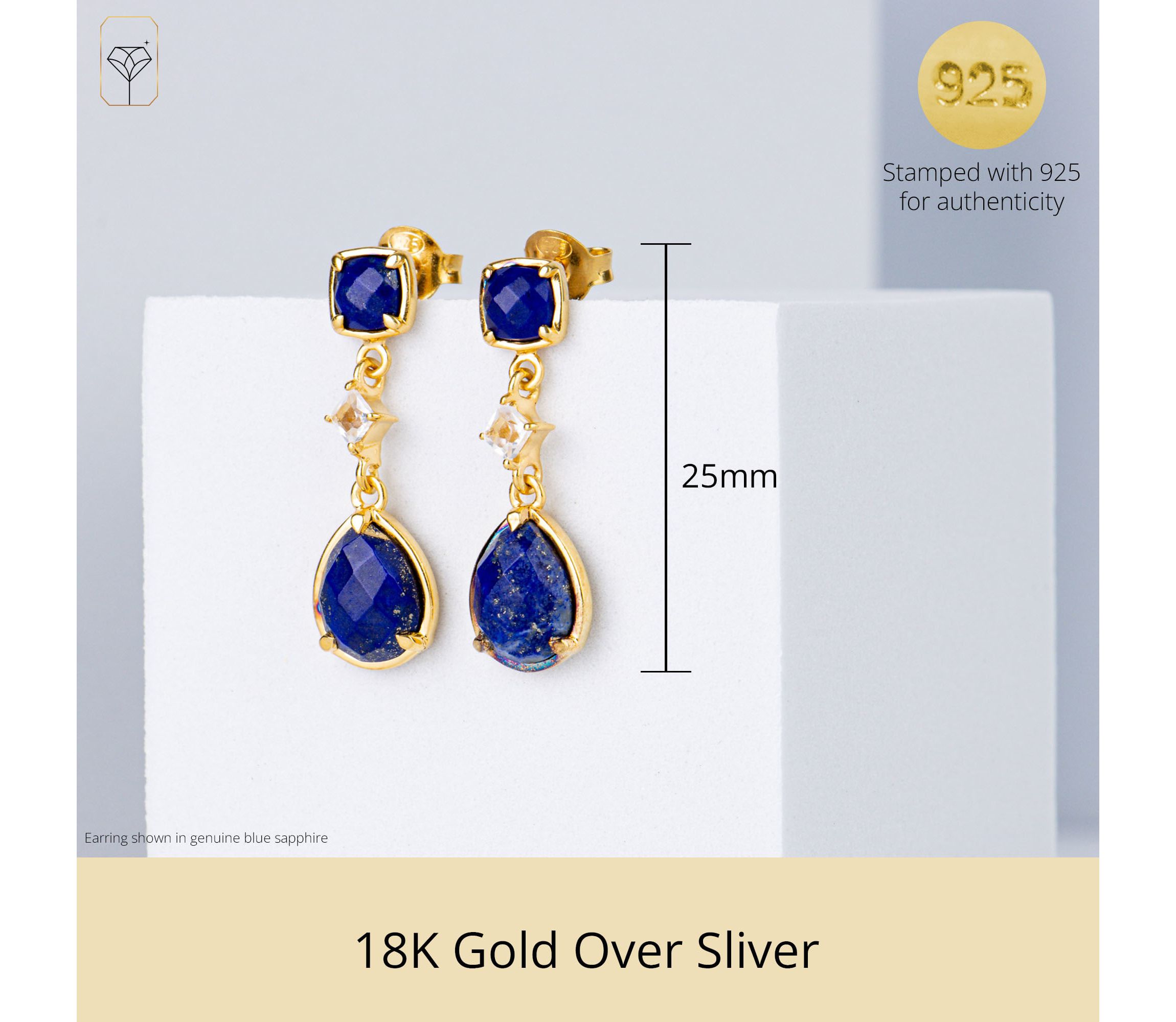 18K Gold Plated Genuine Gemstone 3 Stone Dangle Drop Earrings