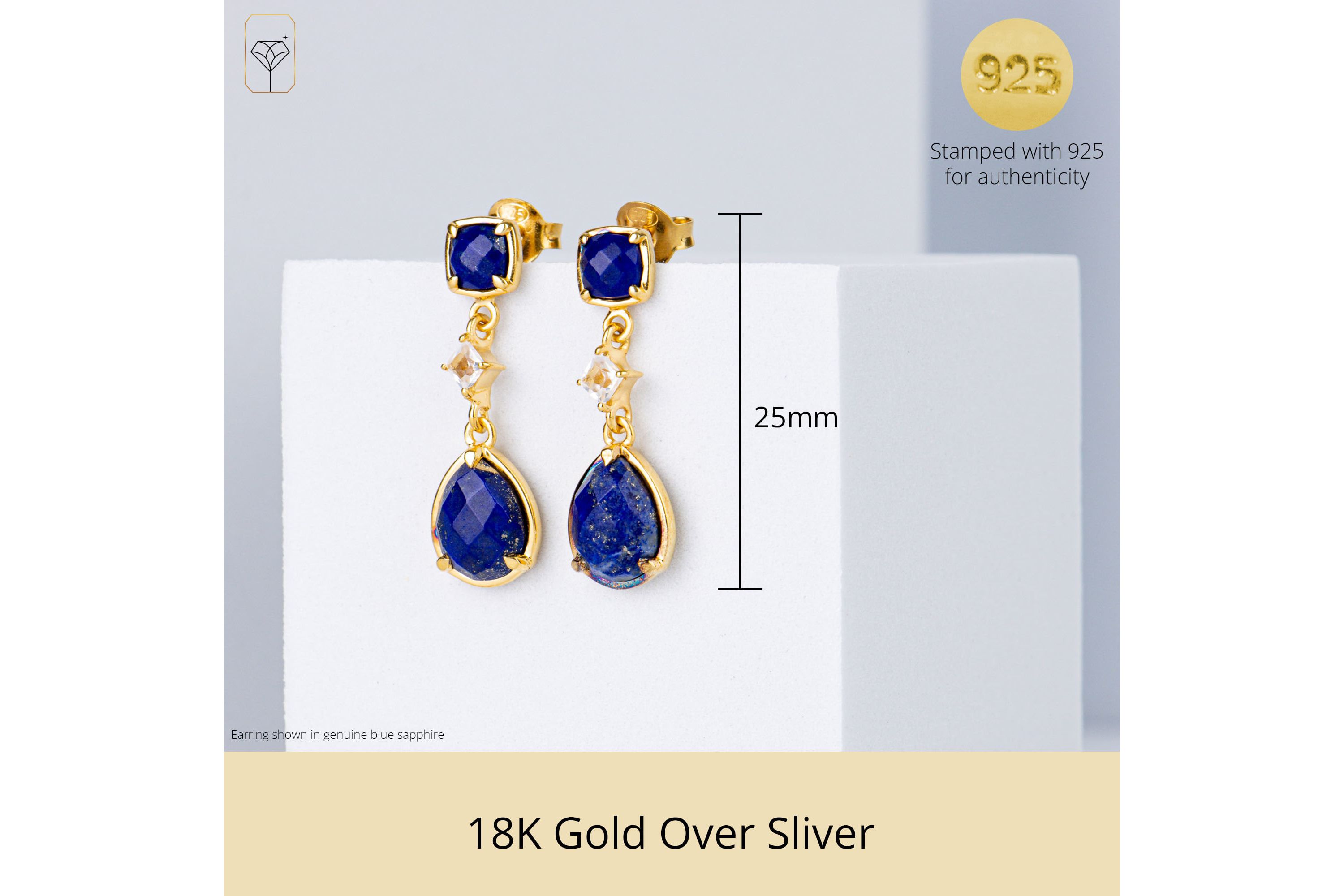 18K Gold Plated Genuine Gemstone 3 Stone Dangle Drop Earrings