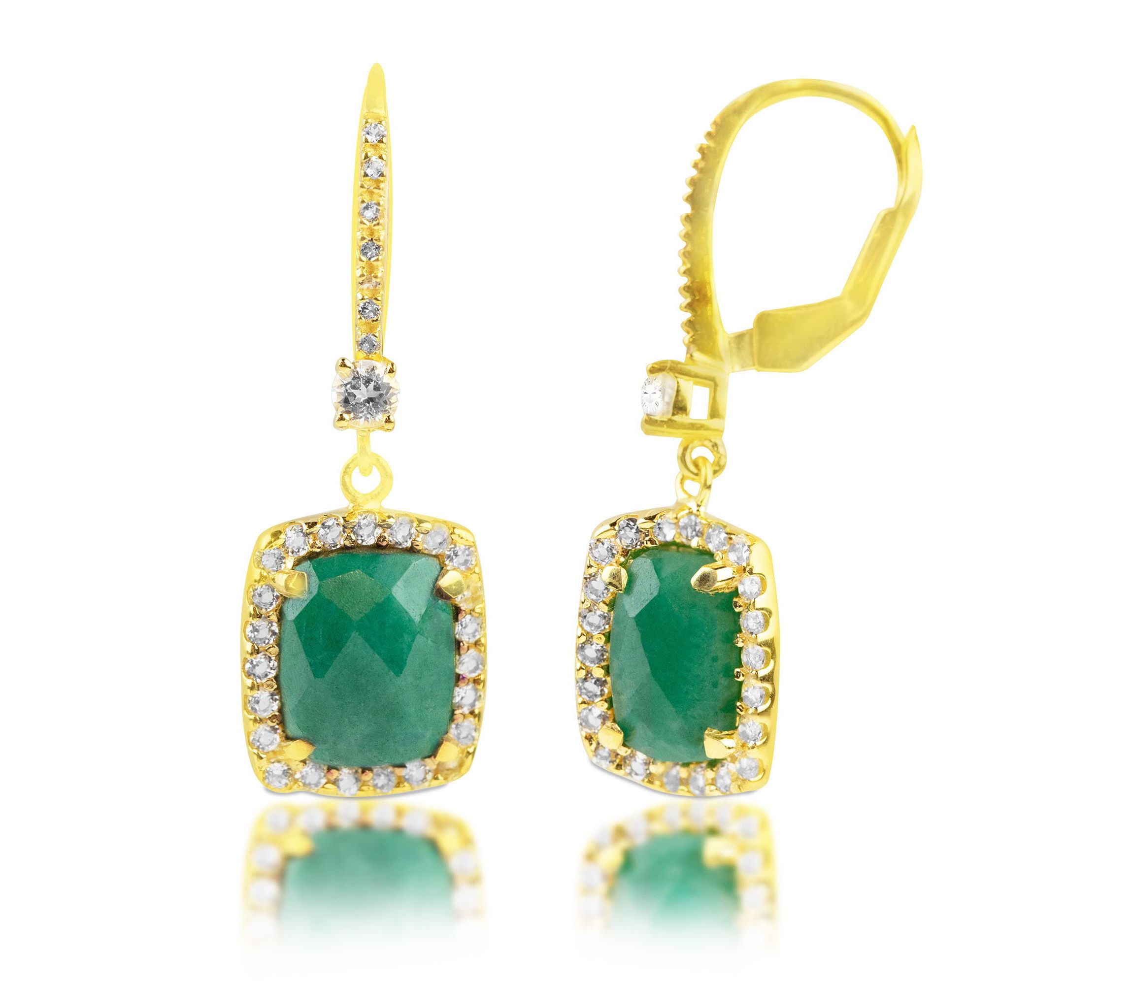 18K Gold Plated Genuine Gemstone Sapphie Cushion Cut Dangle Drop Earrings With White Topaz Accents
