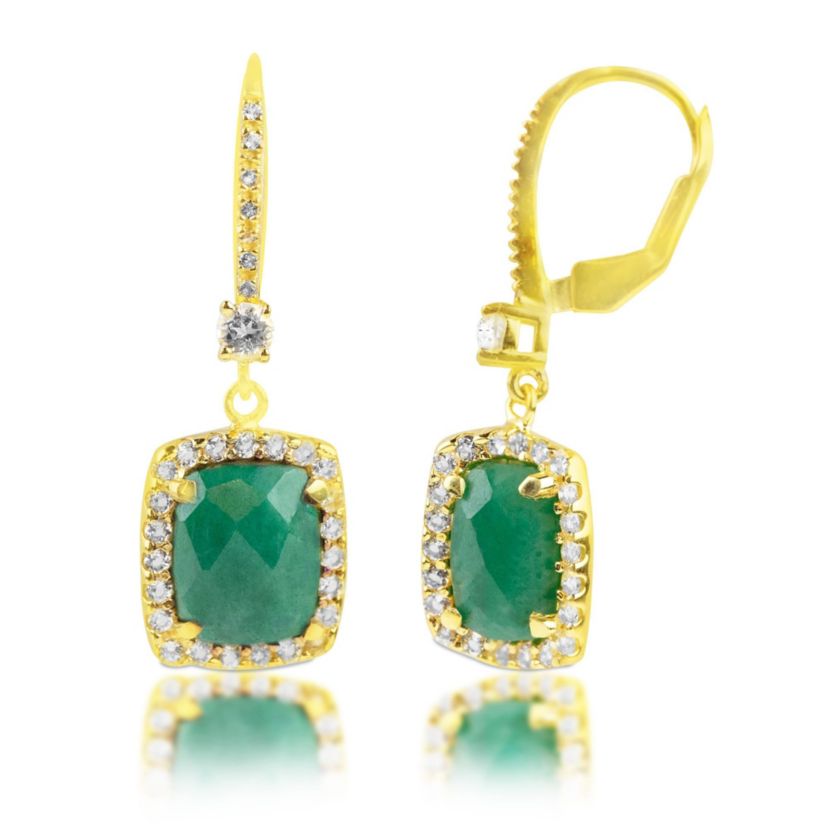 18K Gold Plated Genuine Gemstone Cushion Cut Dangle Drop Earrings With White Topaz Accents