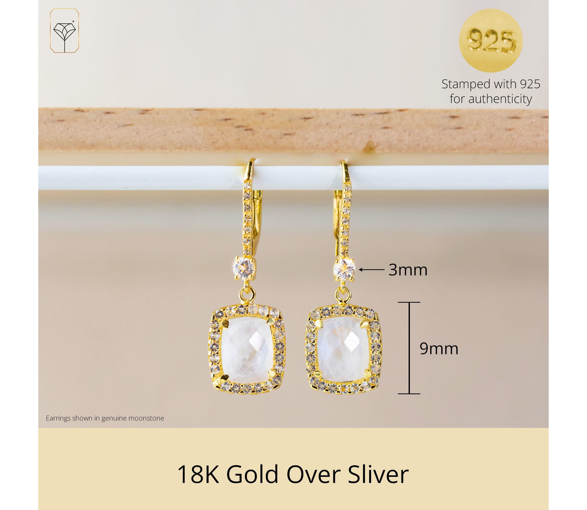 18K Gold Plated Genuine Gemstone Sapphie Cushion Cut Dangle Drop Earrings With White Topaz Accents