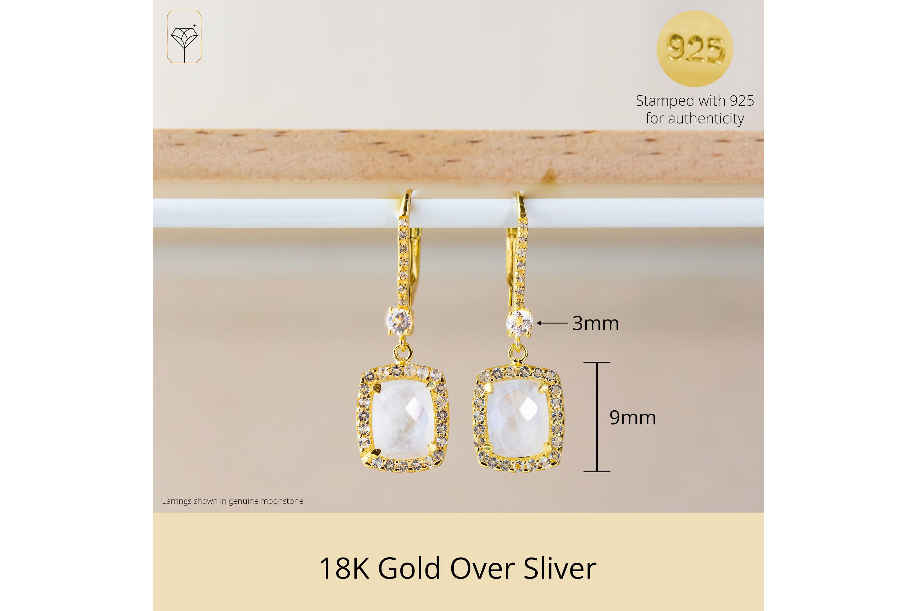18K Gold Plated Genuine Gemstone Cushion Cut Dangle Drop Earrings With White Topaz Accents