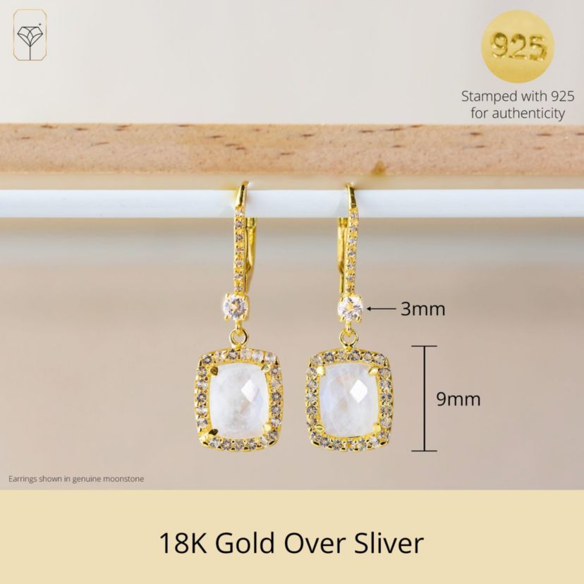 18K Gold Plated Genuine Gemstone Cushion Cut Dangle Drop Earrings With White Topaz Accents