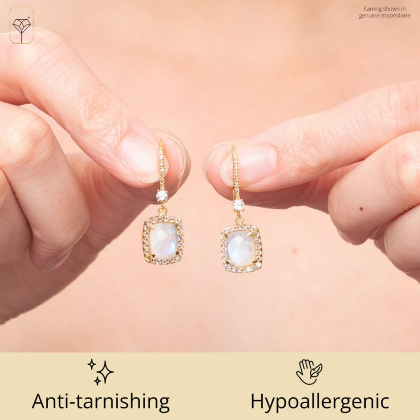18K Gold Plated Genuine Gemstone Cushion Cut Dangle Drop Earrings With White Topaz Accents