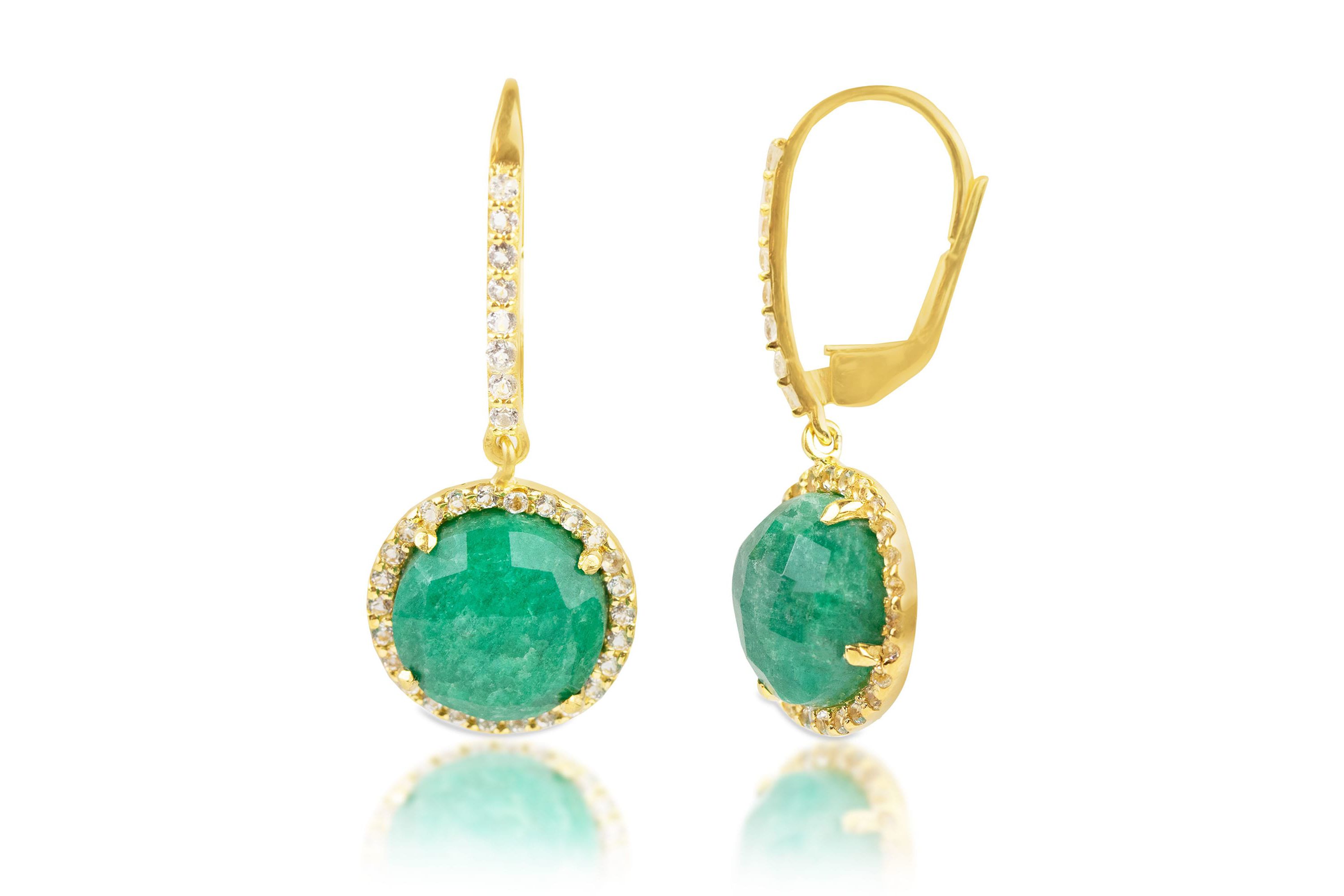 18K Gold Plated Genuine Gemstone Round Cut Dangle Drop Earrings With White Topaz Accents