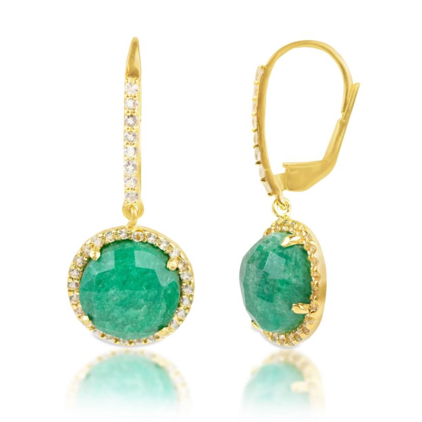 18K Gold Plated Genuine Gemstone Round Cut Dangle Drop Earrings With White Topaz Accents