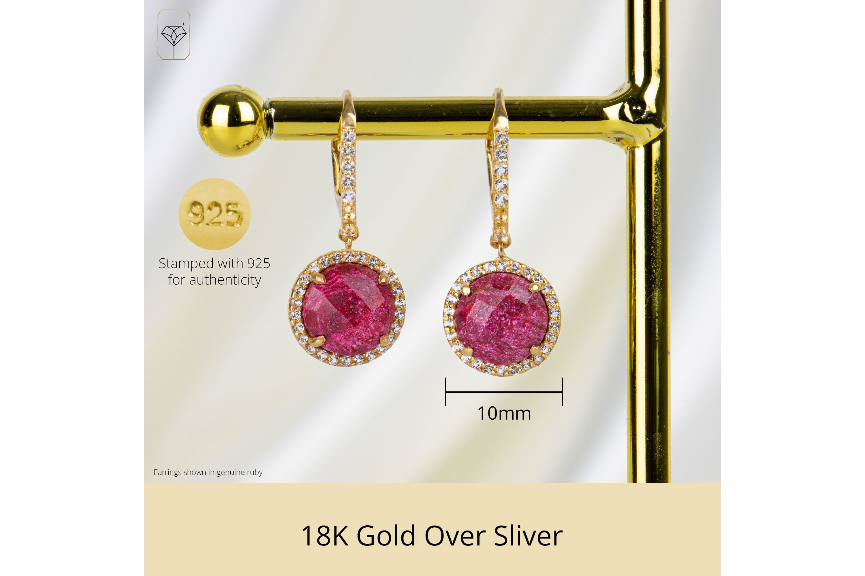 18K Gold Plated Genuine Gemstone Round Cut Dangle Drop Earrings With White Topaz Accents