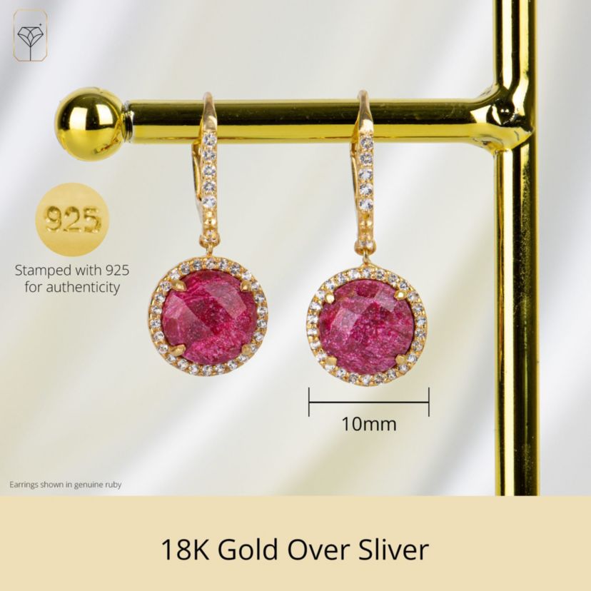 18K Gold Plated Genuine Gemstone Round Cut Dangle Drop Earrings With White Topaz Accents