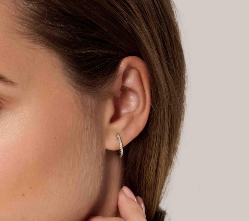 Lab Created 14k Solid Gold Diamond Lab Grown Half Pavé Huggie Earrings