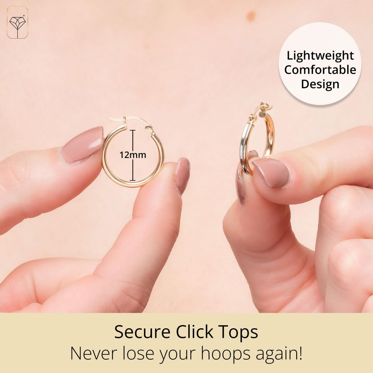 Solid 14K Gold Two Toned Earrings for Women | 12mm Round Real 14K Gold Hoop Earrings for Women | Hypoallergenic 14 Karat Two Tone Hoop Earring with Secure Clasps by MAX + STONE