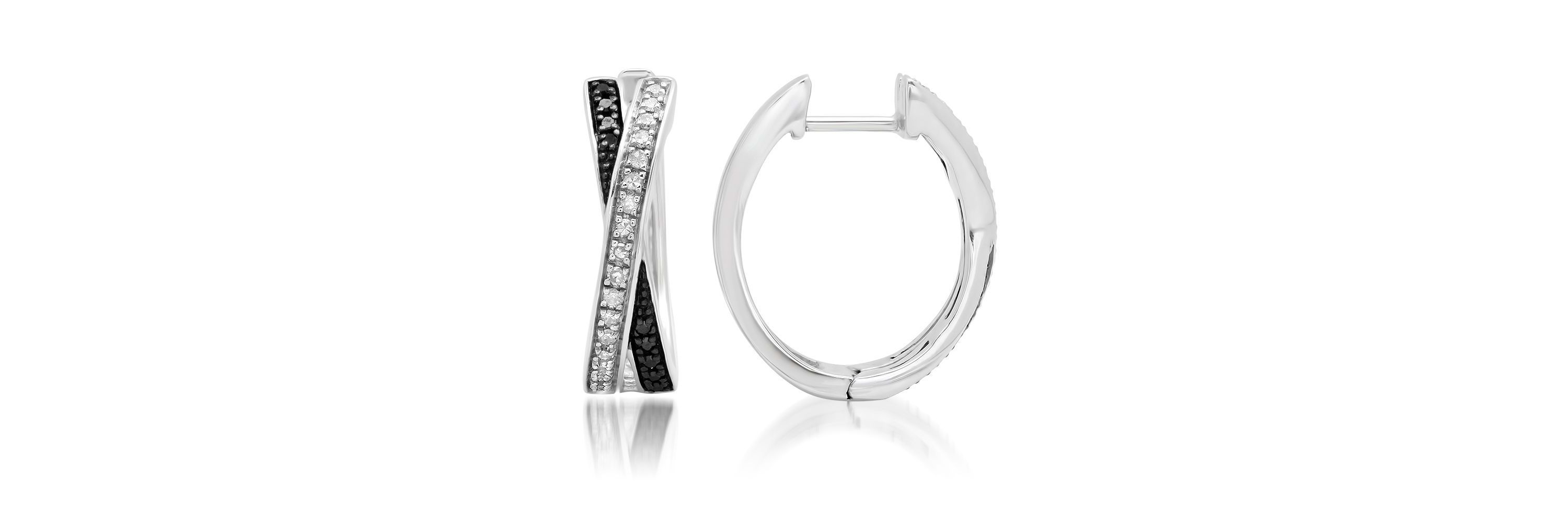 Sterling Silver Black and White Diamond X Hoop Earrings (1/3 cttw, J-K Color, I2-I3 Clarity)