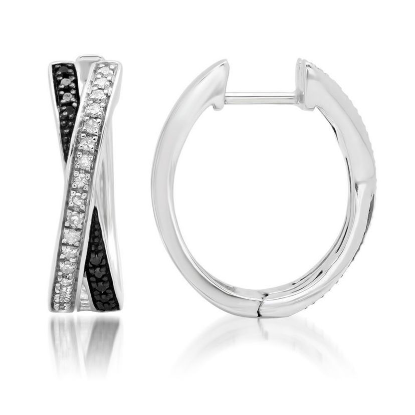 Sterling Silver Black and White Diamond X Hoop Earrings (1/3 cttw, J-K Color, I2-I3 Clarity)