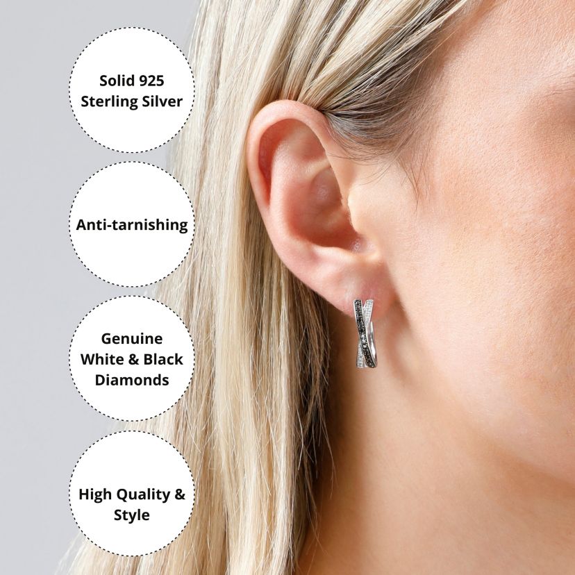 Sterling Silver Black and White Diamond X Hoop Earrings (1/3 cttw, J-K Color, I2-I3 Clarity)