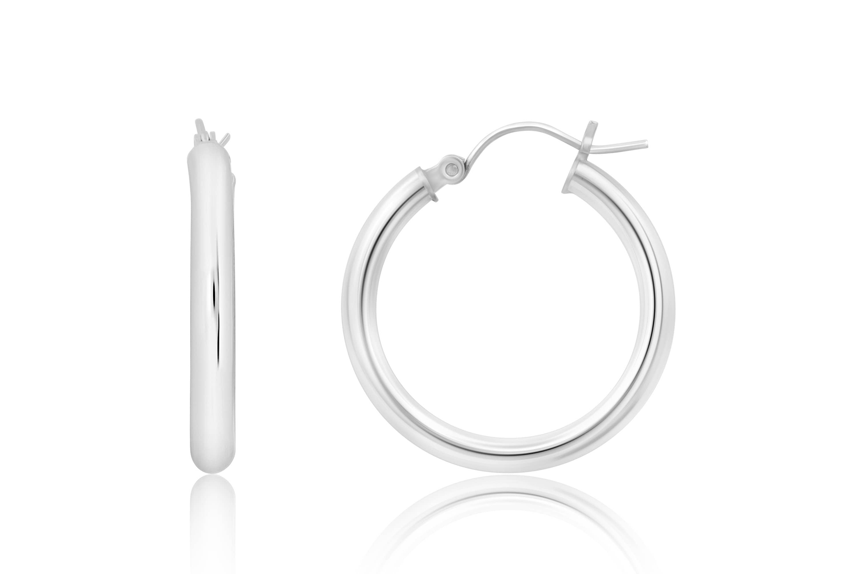 14k White Gold Click-Top 3MM Thick Tube Hoop Earrings (25MM)