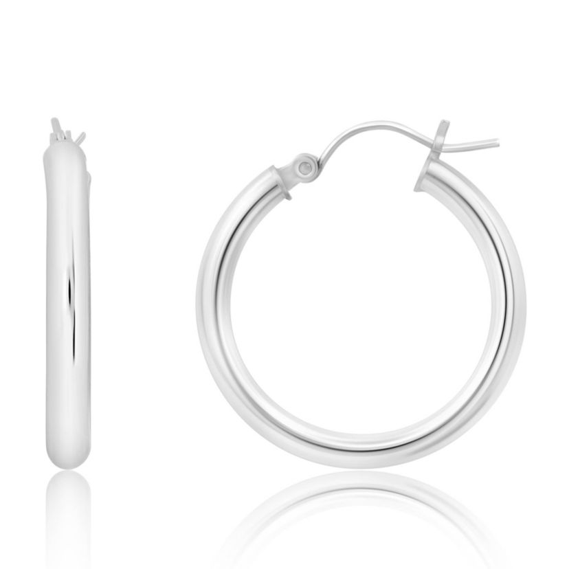 14k White Gold Click-Top 3MM Thick Tube Hoop Earrings (25MM)