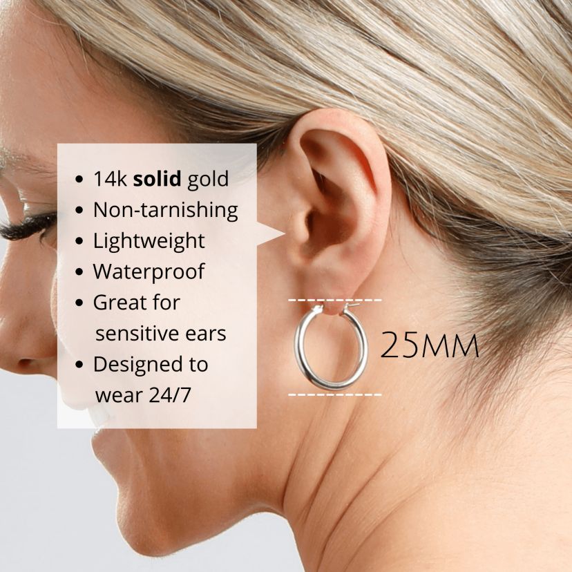 14k White Gold Click-Top 3MM Thick Tube Hoop Earrings (25MM)