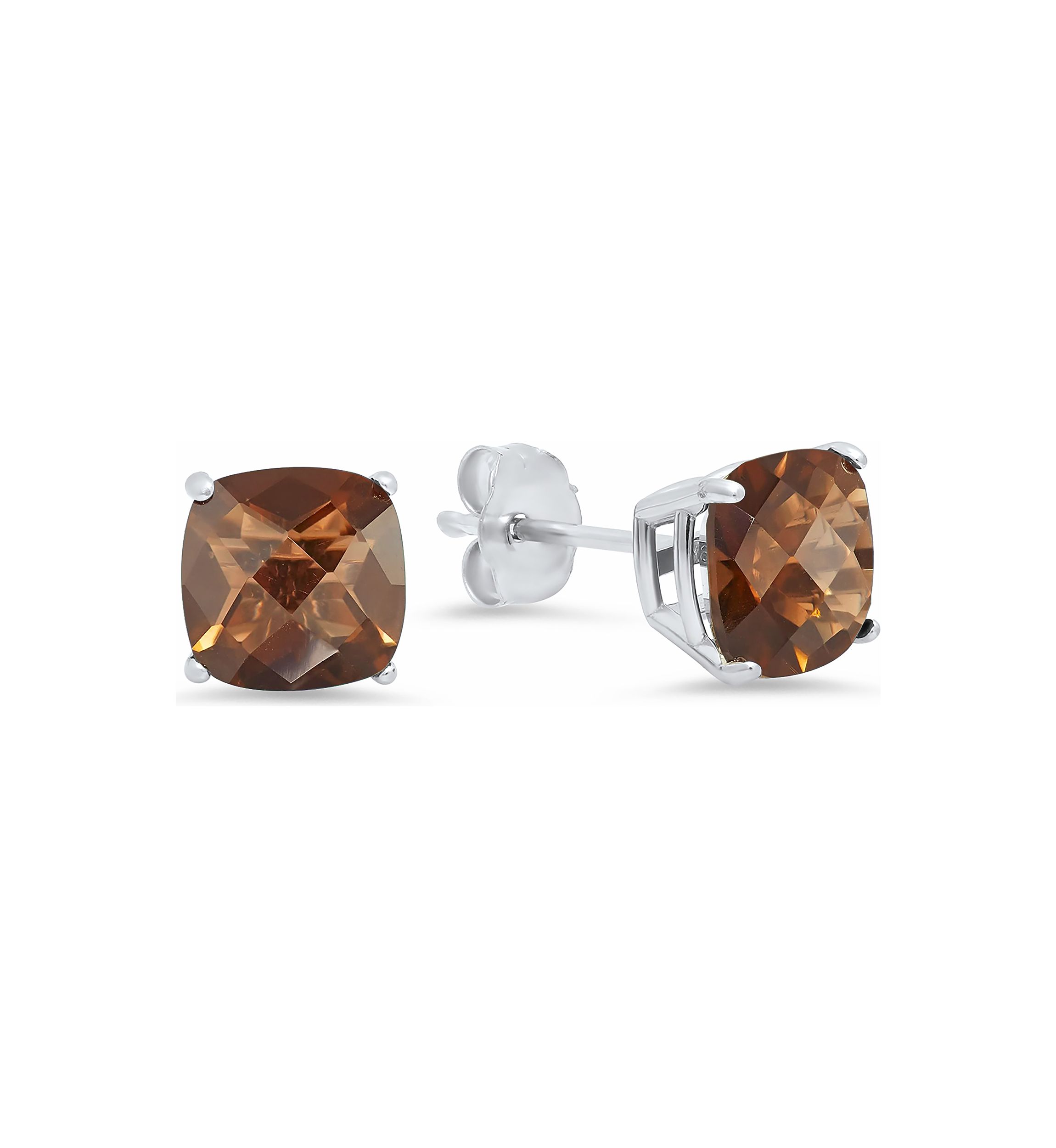Sterling Silver Cushion-Cut Checkerboard Genuine Smoky Quartz Stud Earrings (6 Millimeter)