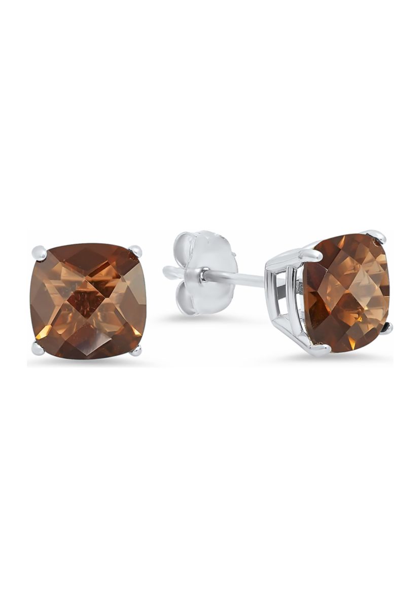 Sterling Silver Cushion-Cut Checkerboard Genuine Smoky Quartz Stud Earrings (6 Millimeter)