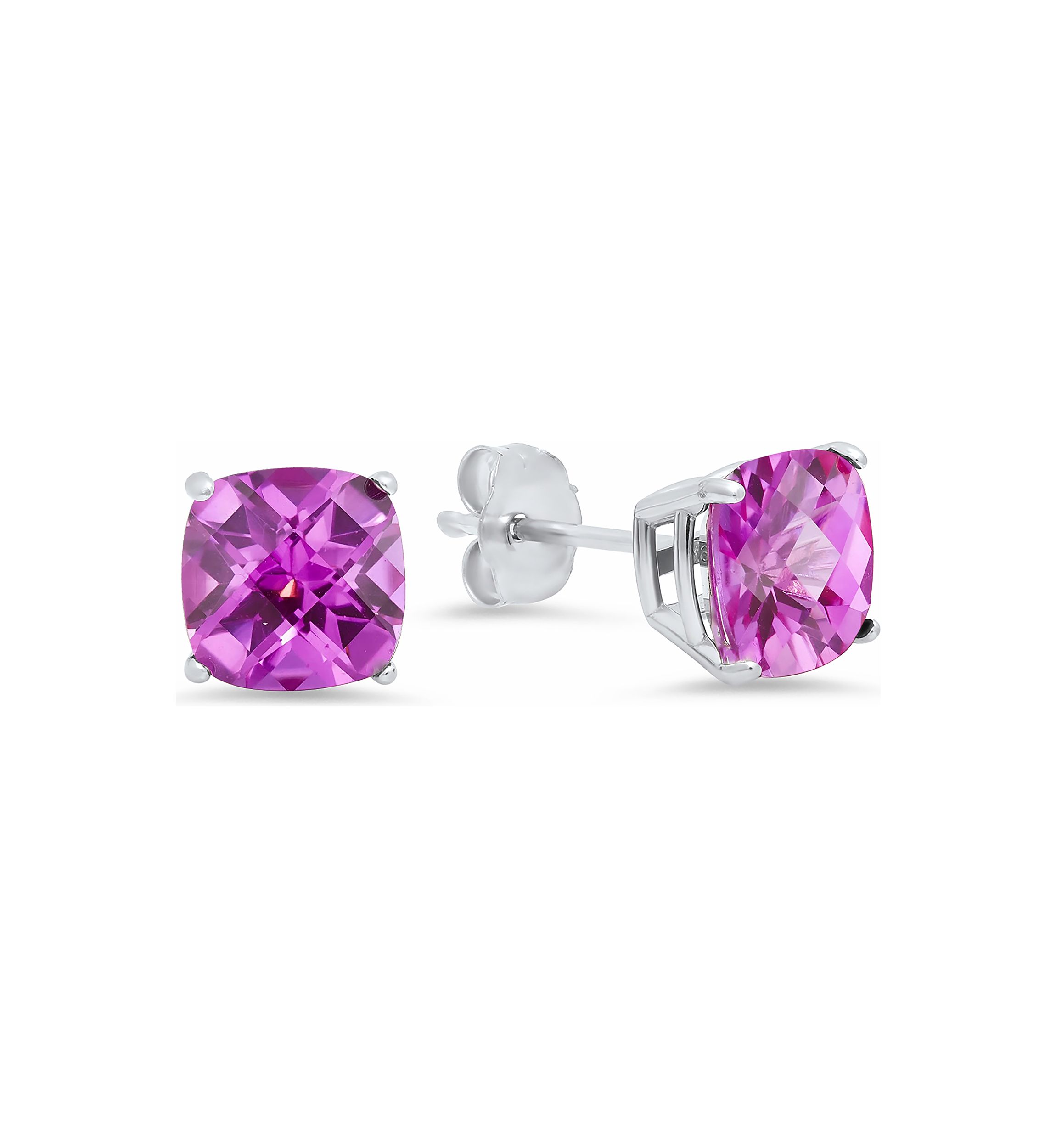 Sterling Silver Cushion-Cut Checkerboard Created Pink Sapphire Stud Earrings (8 Millimeter)