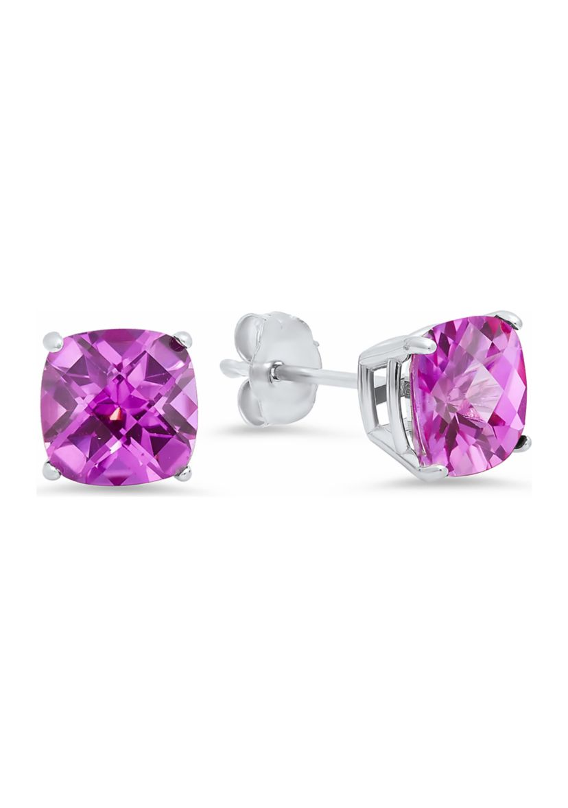 Sterling Silver Cushion-Cut Checkerboard Created Pink Sapphire Stud Earrings (8 Millimeter)